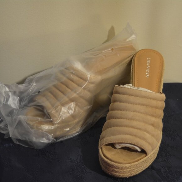 Lisa Vicky Gogo-V Tan Suede Platform Wedge Slide Sandals Sz 10M | NIB - Picture 1 of 7